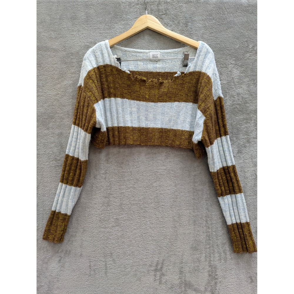 BDG UO Crop Sweater Womens Large Distressed Raw Hem Grunge Striped Rib Knit